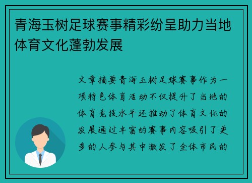 青海玉树足球赛事精彩纷呈助力当地体育文化蓬勃发展