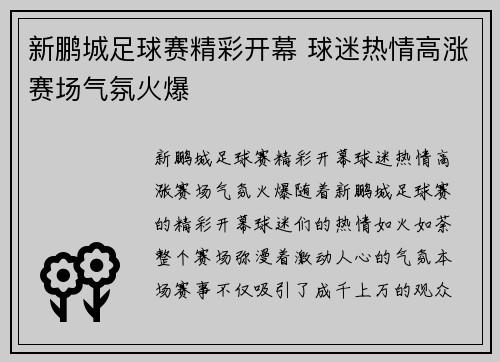 新鹏城足球赛精彩开幕 球迷热情高涨赛场气氛火爆