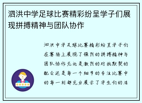 泗洪中学足球比赛精彩纷呈学子们展现拼搏精神与团队协作