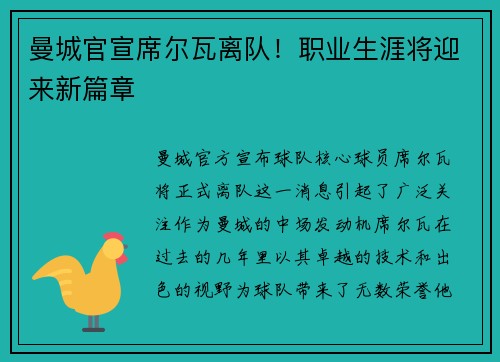 曼城官宣席尔瓦离队！职业生涯将迎来新篇章