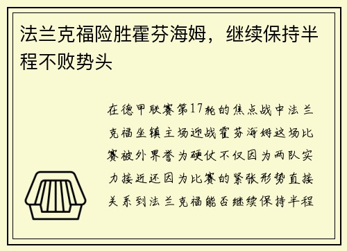 法兰克福险胜霍芬海姆，继续保持半程不败势头