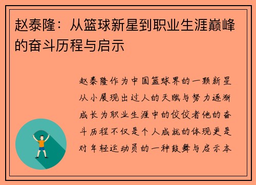 赵泰隆：从篮球新星到职业生涯巅峰的奋斗历程与启示