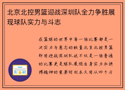 北京北控男篮迎战深圳队全力争胜展现球队实力与斗志
