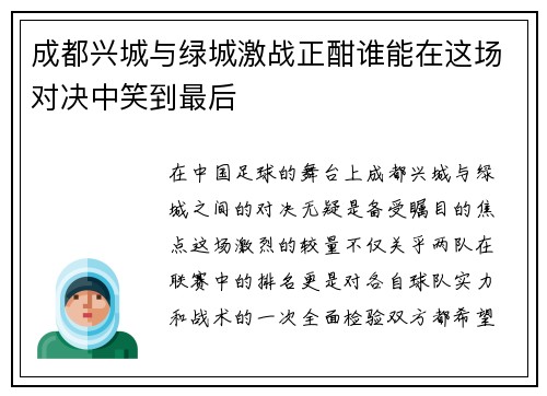 成都兴城与绿城激战正酣谁能在这场对决中笑到最后