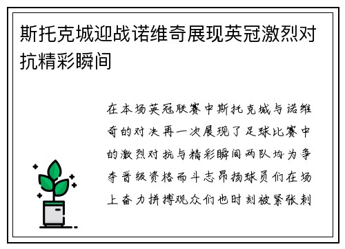 斯托克城迎战诺维奇展现英冠激烈对抗精彩瞬间