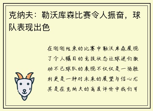 克纳夫：勒沃库森比赛令人振奋，球队表现出色
