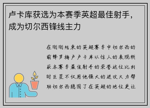 卢卡库获选为本赛季英超最佳射手，成为切尔西锋线主力