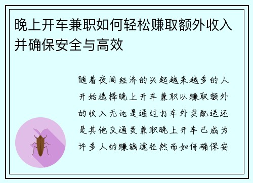 晚上开车兼职如何轻松赚取额外收入并确保安全与高效