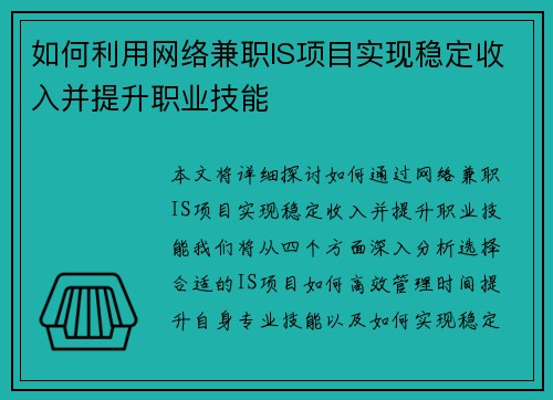 如何利用网络兼职IS项目实现稳定收入并提升职业技能